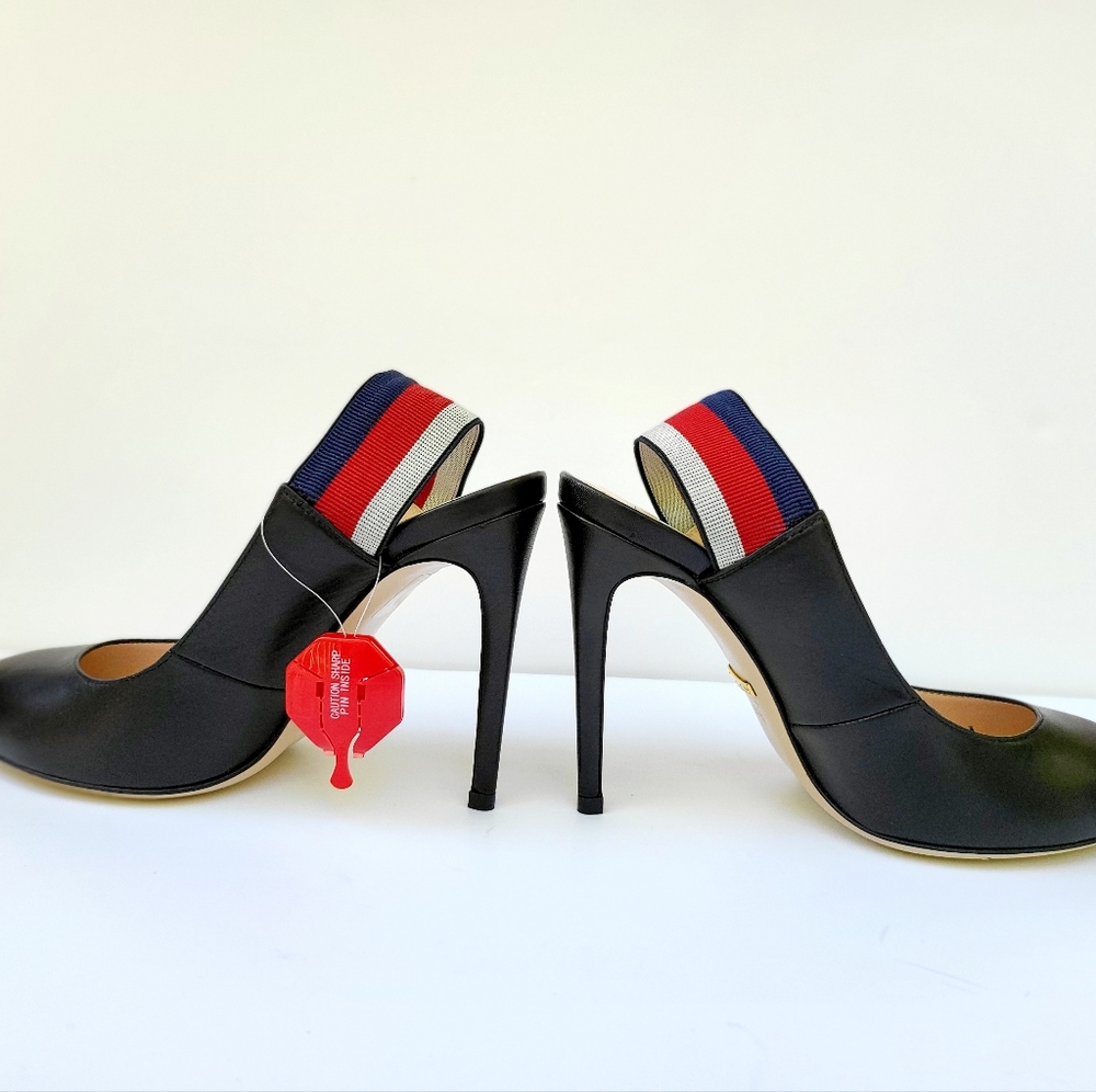 NWOT GUCCI Sylvie 75 Black Leather Red Slingback Strap Sandal Mule Heel Pump37.5 - Picture 9 of 16